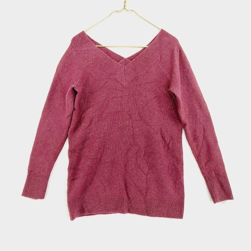 LOFT Burgundy Red V Neck Knit Cozy Winter Basic Sweater P4221